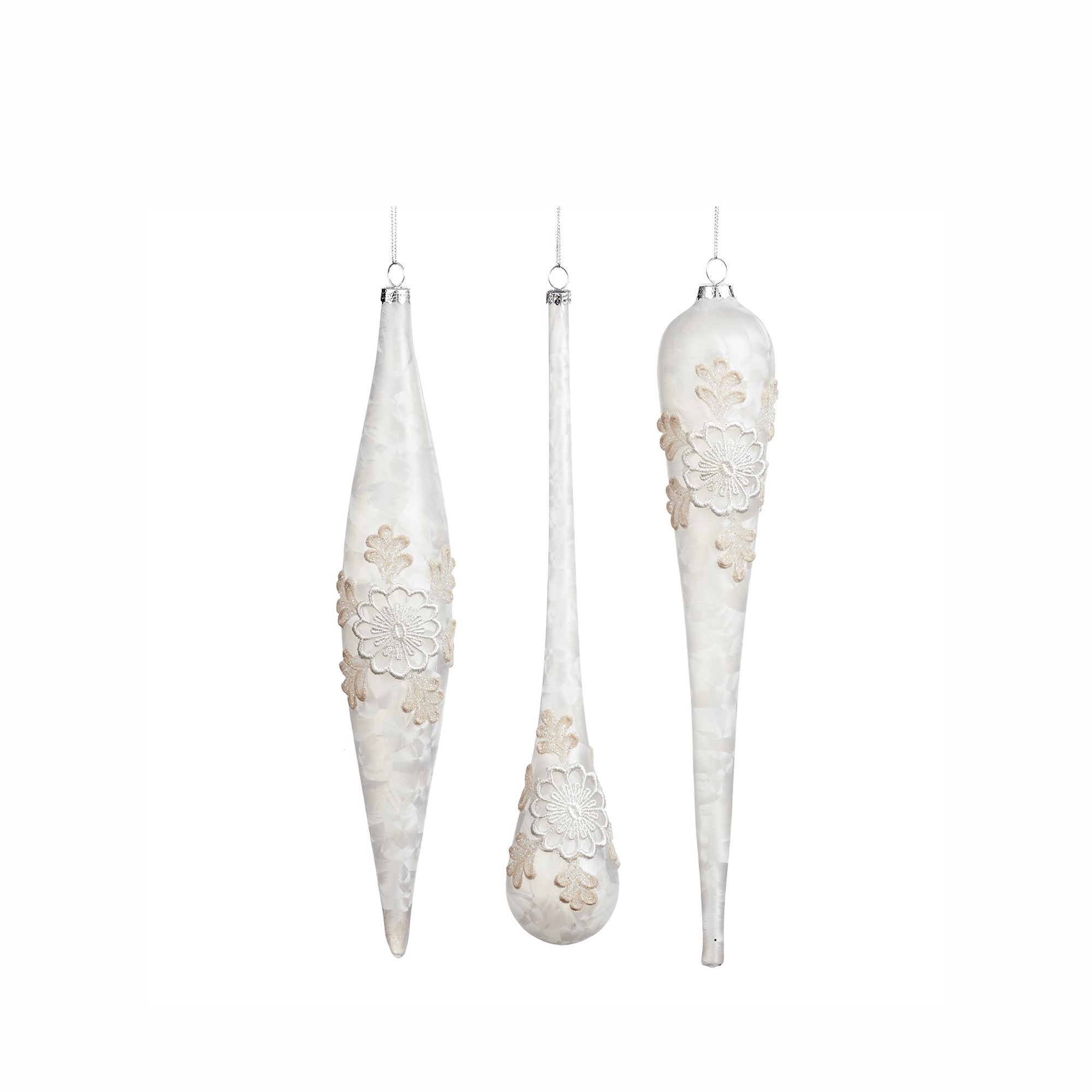 GLSS 3D SNOWFL.DROP/ICICLE ORN ASS/3 WH