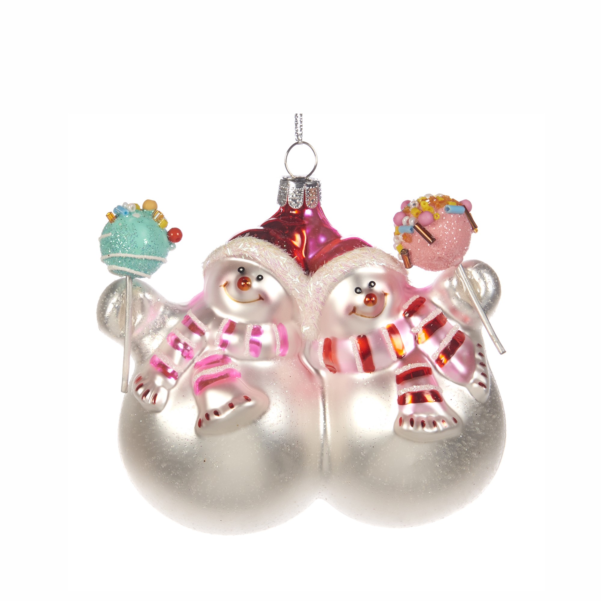 GLSS CANDY SNOWMAN ORN WH/PNK