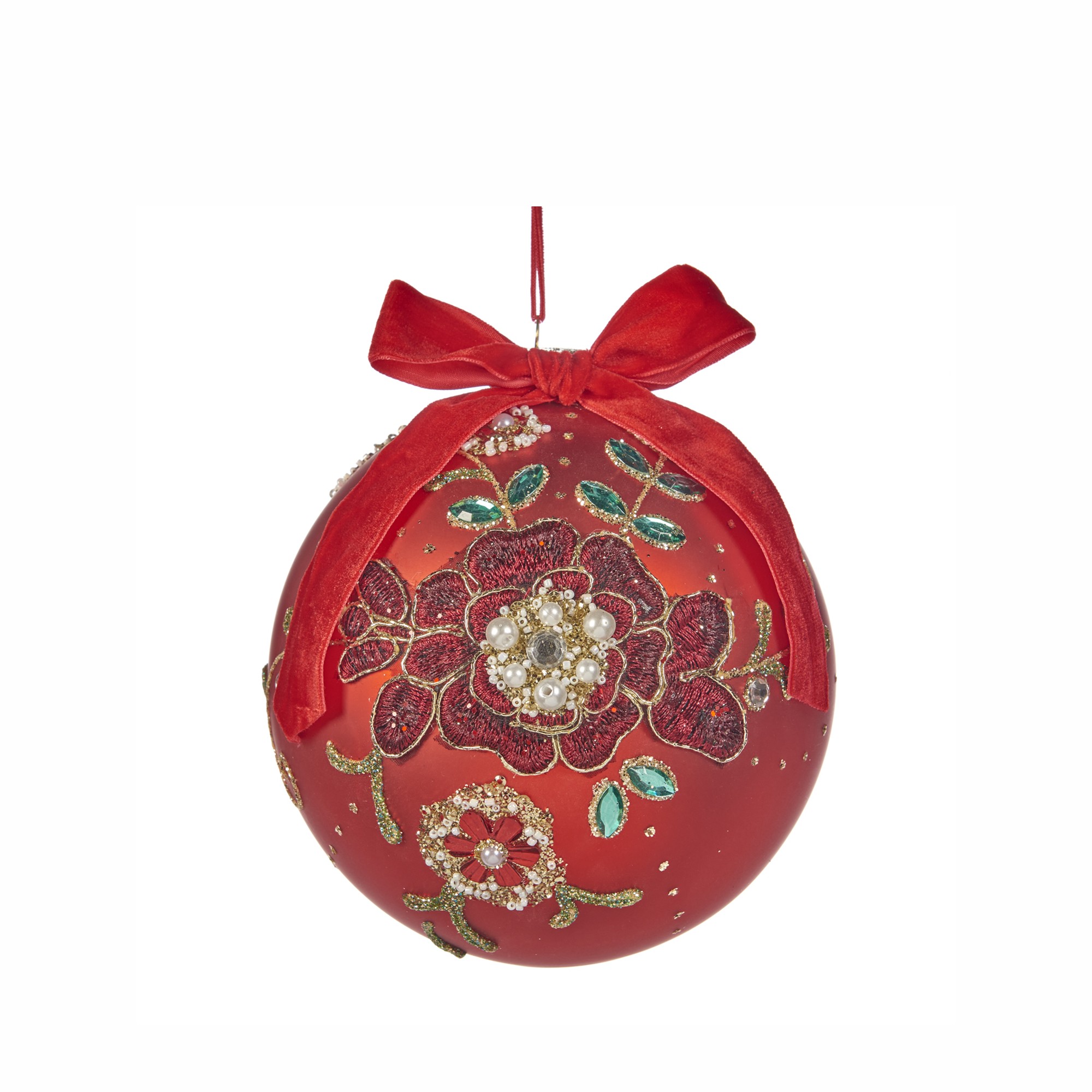 GLSS EMBR.JEWEL FLOWER BALL W/BOW RD
