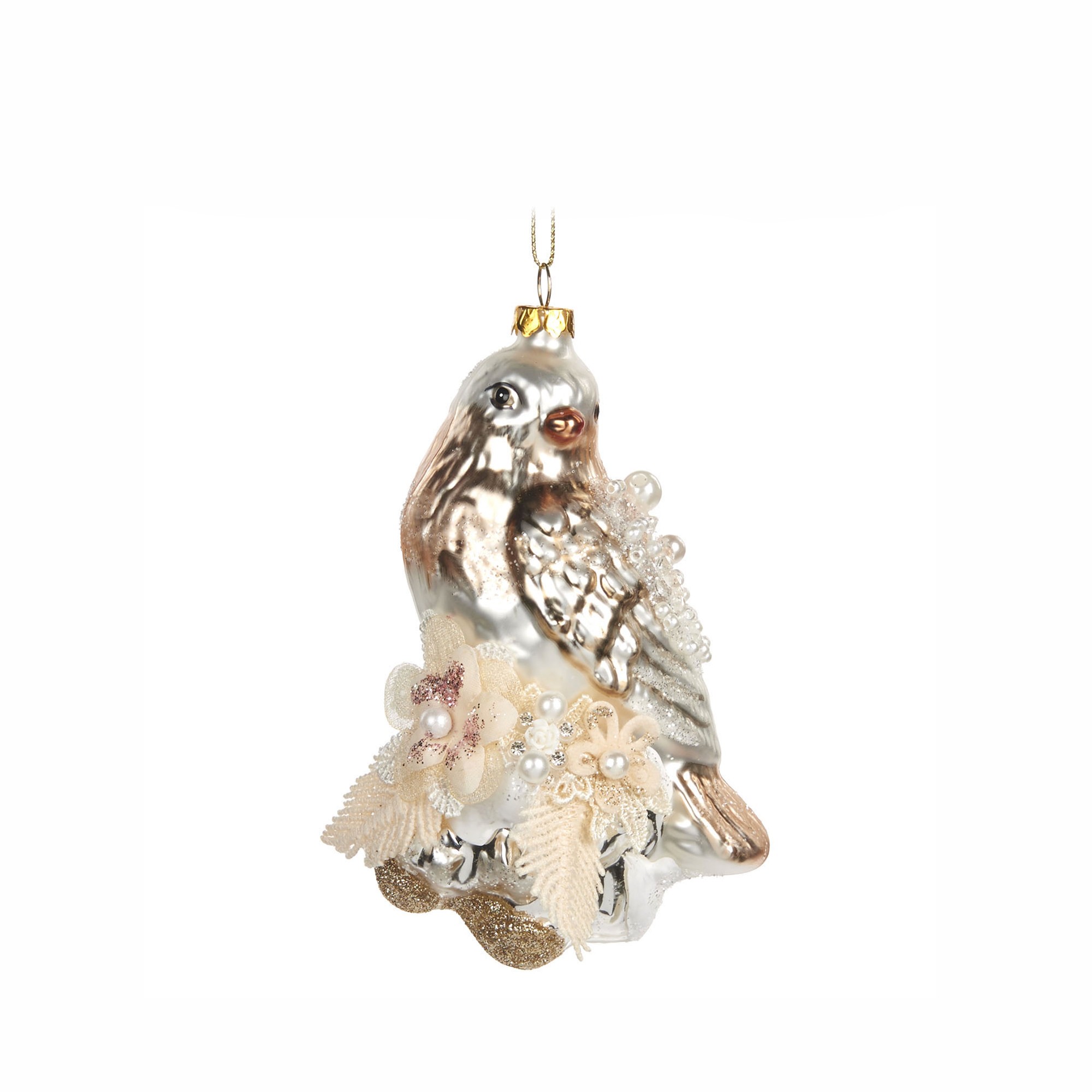 GLSS PEARL/FLOWER BIRD ORN CRM