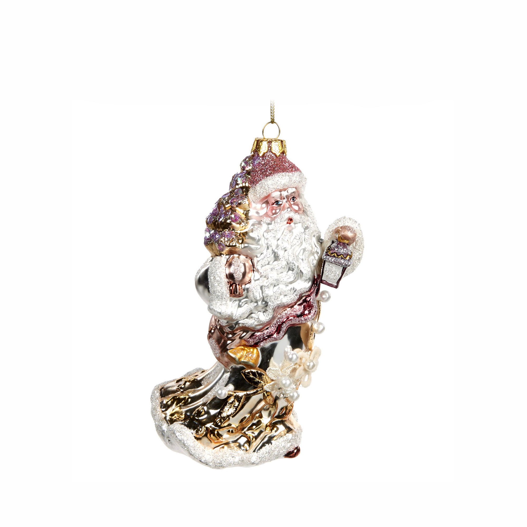 GLSS PEARL/FLOWER SANTA W/LANT.ORN CRM/GLD