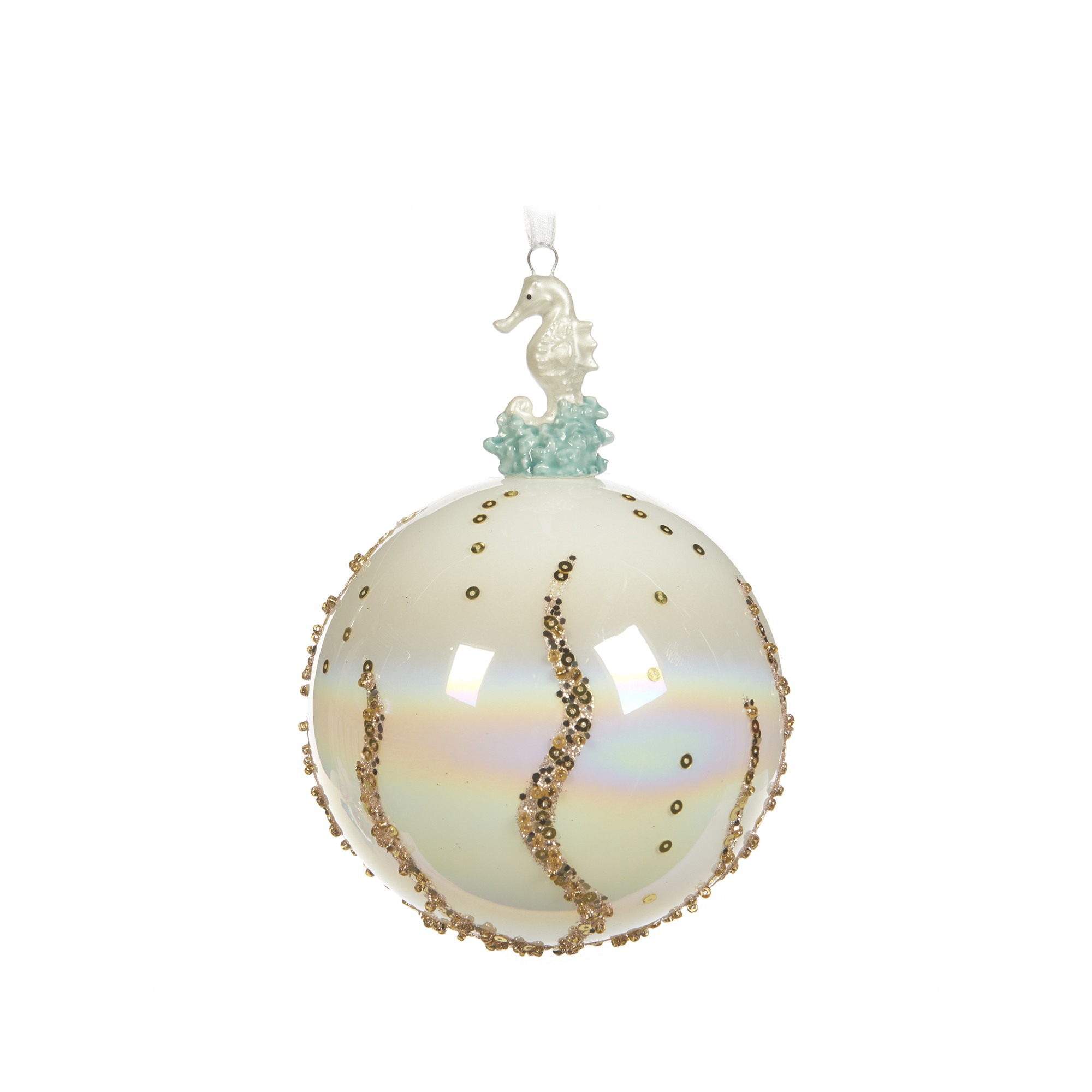 GLSS PORC.SEAHORSE CORAL BALL WH