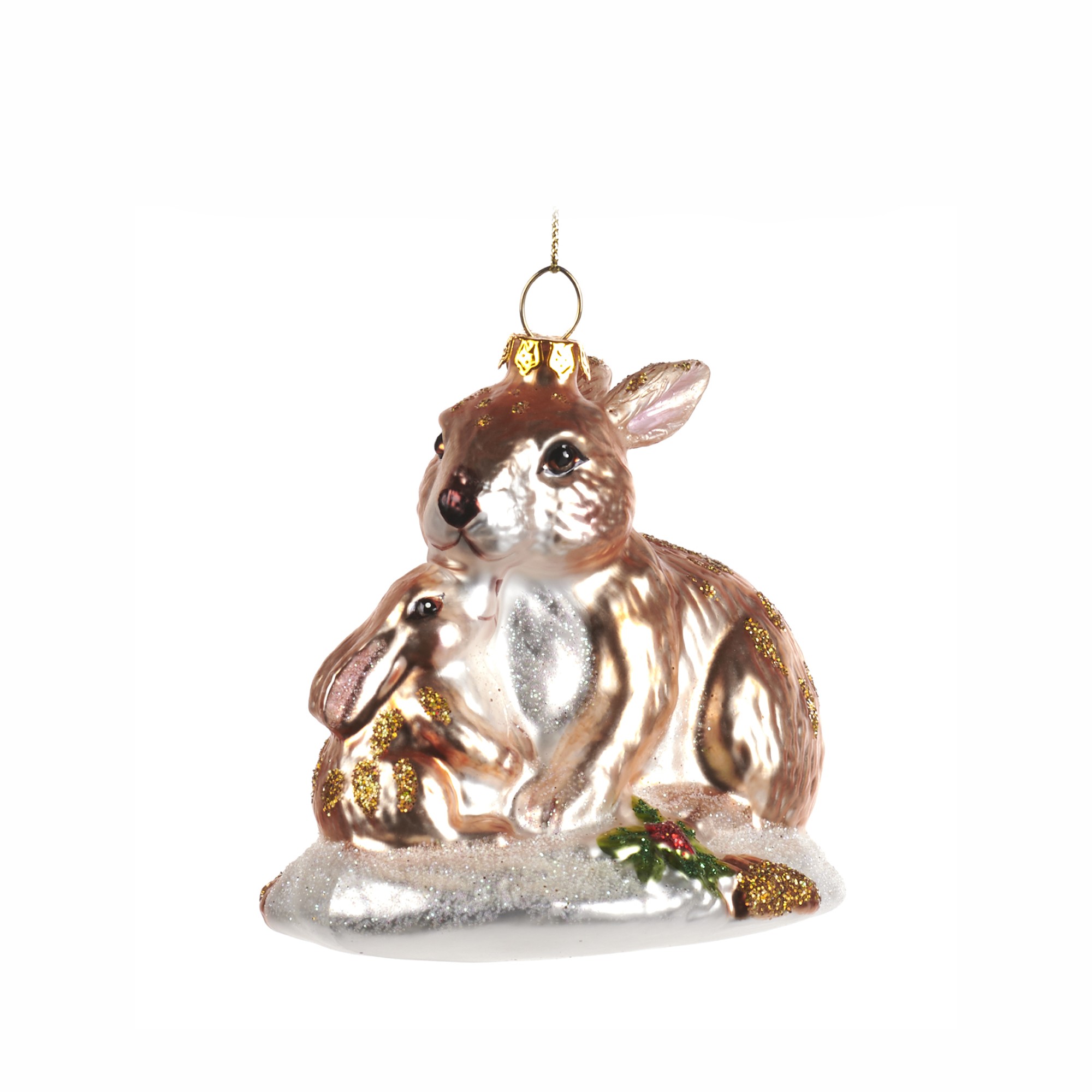 GLSS RABBIT W/BABY RABBIT ORN CRM