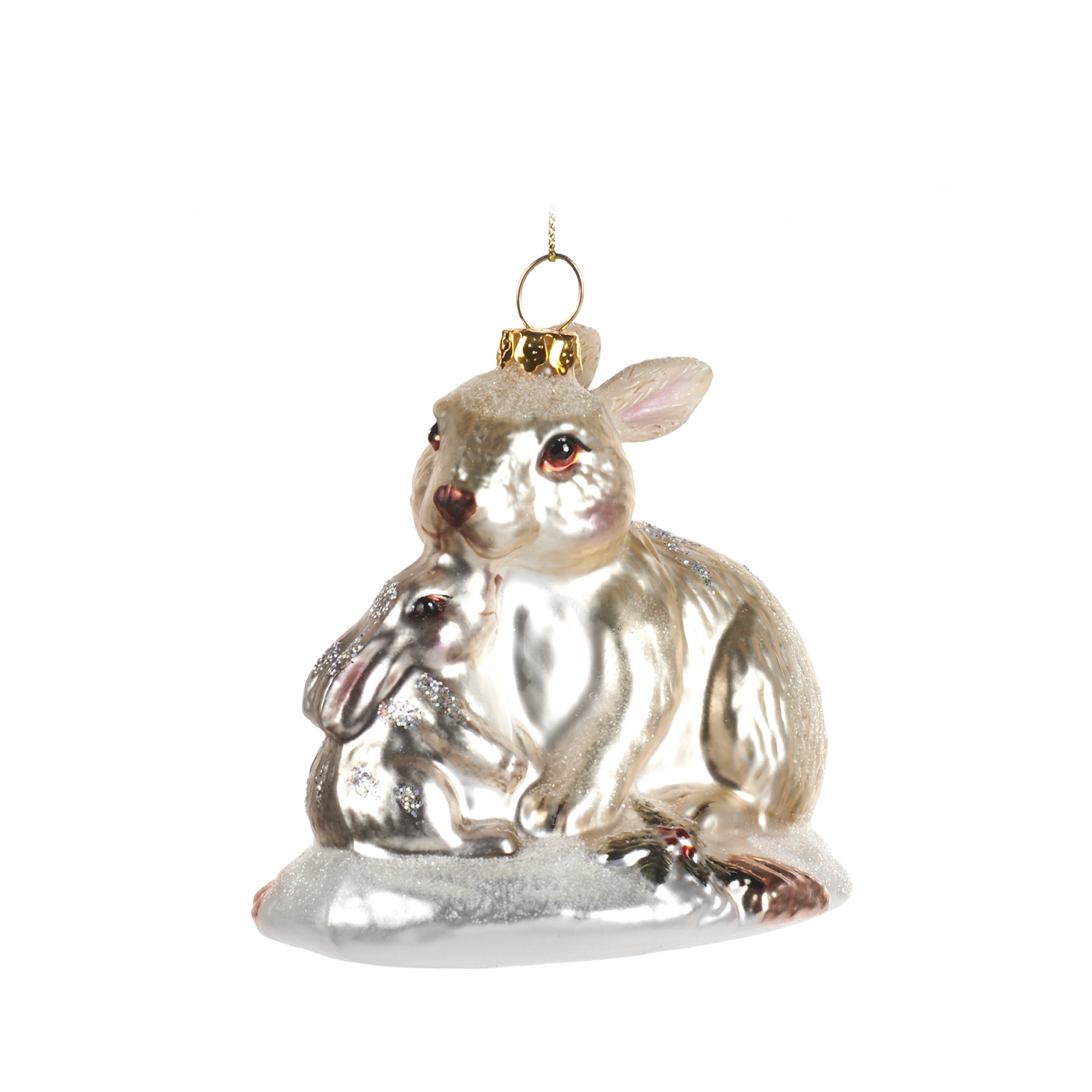 GLSS RABBIT W/BABY RABBIT ORN WH
