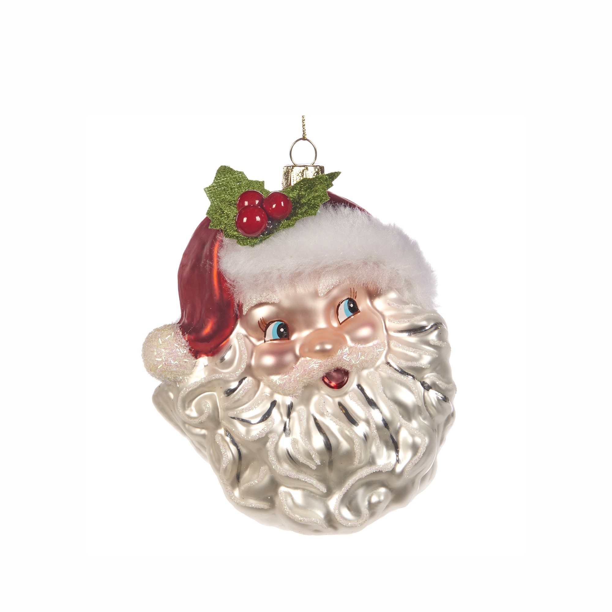 GLSS SANTA HEAD ORN WH/RD