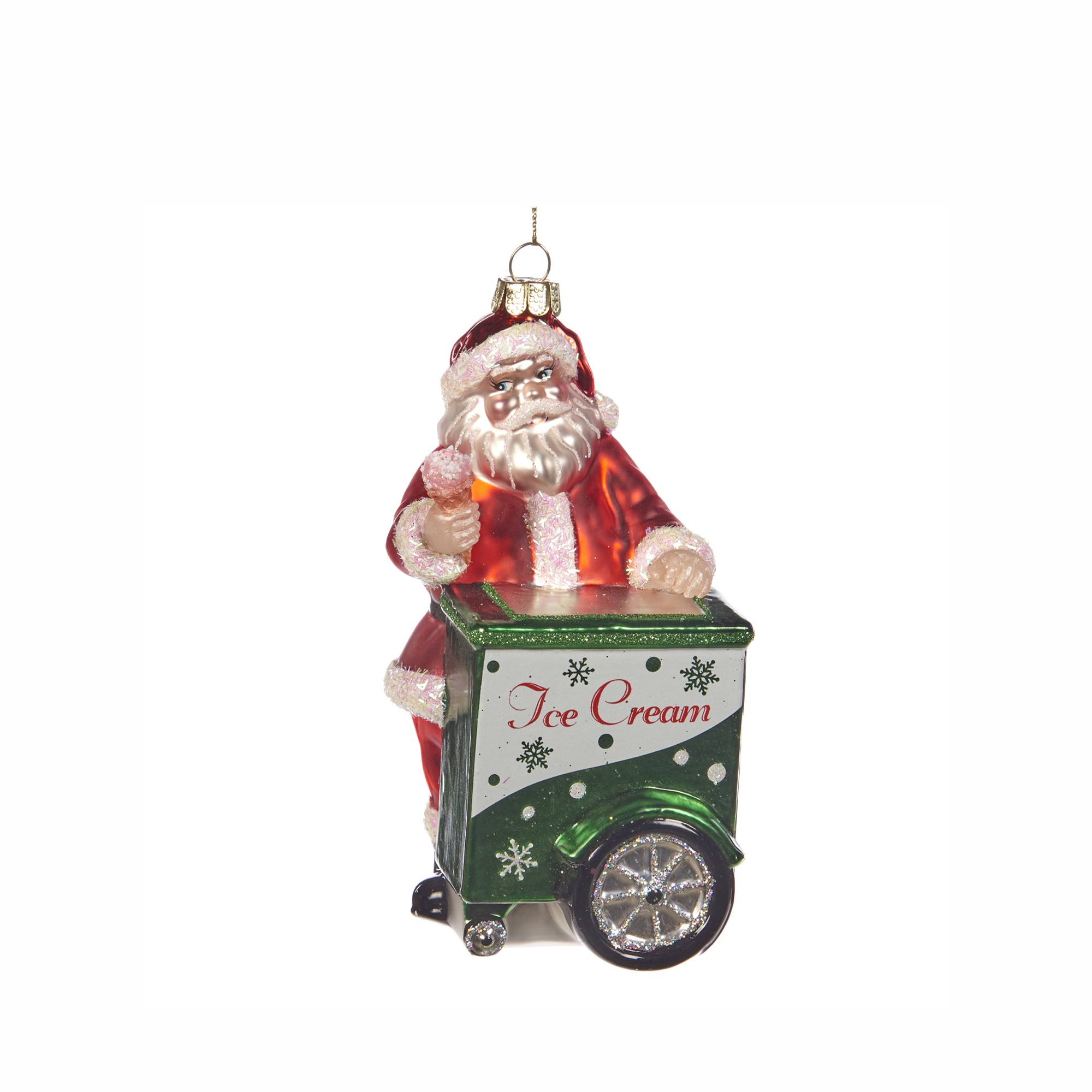 GLSS SANTA W/ICE CREAM CART ORN RD/GRN