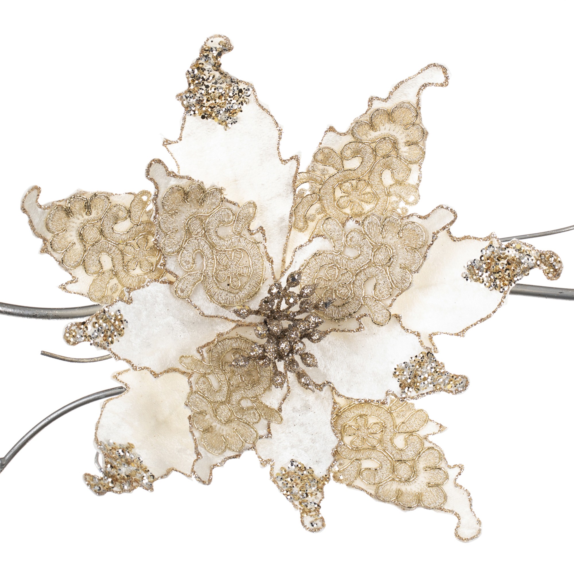 MAJESTIC LACE POINSETTIA ON CLIP CRM/GLD