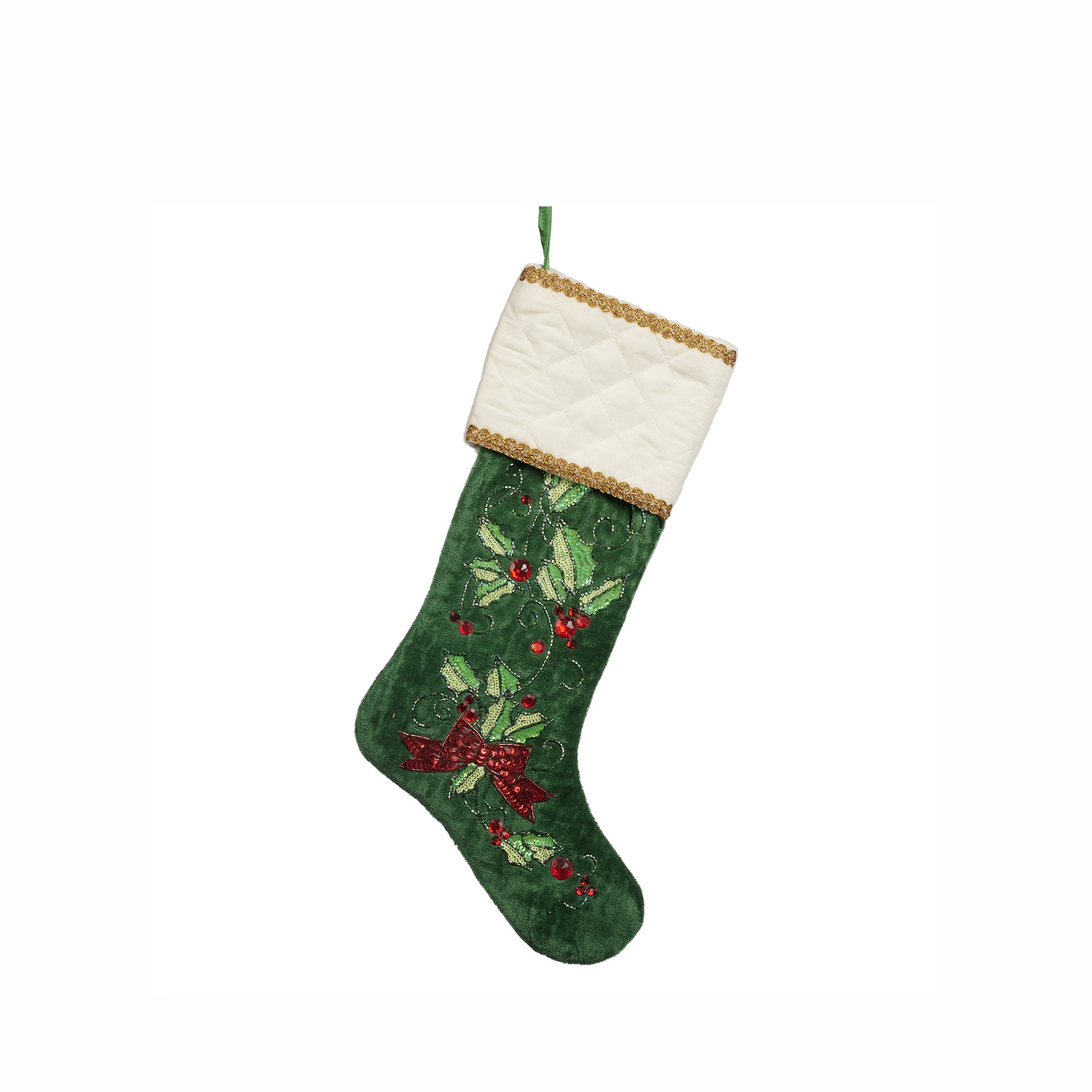 SEQ.HOLLY STOCKING GRN/RD/CRM 45CM