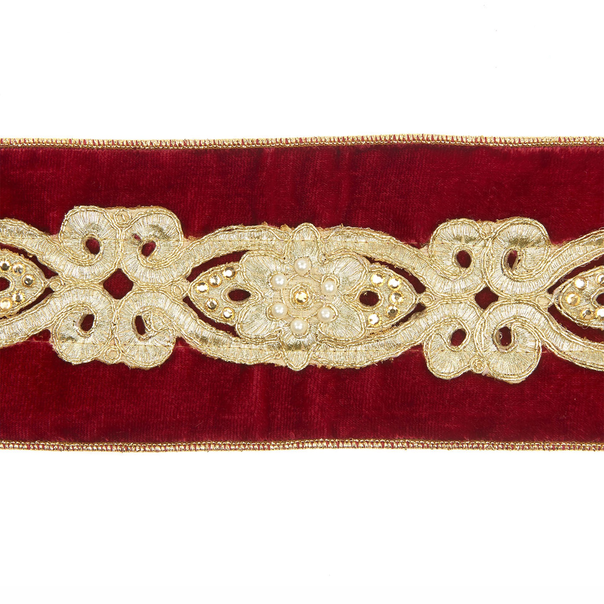 VELV.PEARL TRIM RIBBON BURG/GLD 10CM/5Y