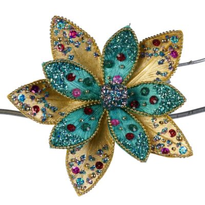 JEWEL/BEAD.POINS.FLOWER ON CLIP GLD/BLU 20.5CM (BR-39330)