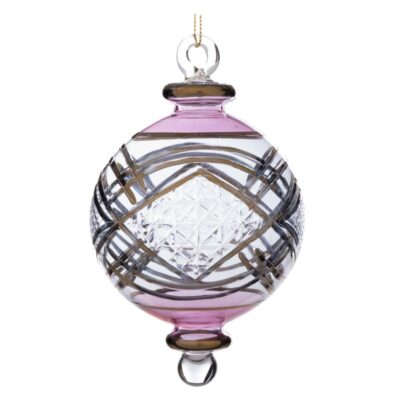 HAND BLOWN GLSS ENGR.SWIRL BALL CLR/PNK/GLD 14CM (EG-50019)