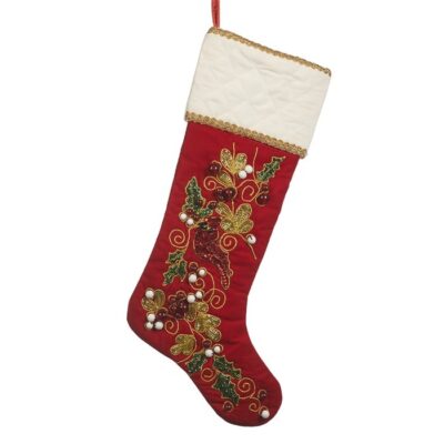 SEQ.CARDINAL BIRD/HOLLY STOCKING RD/GRN 50CM (IF-10002)