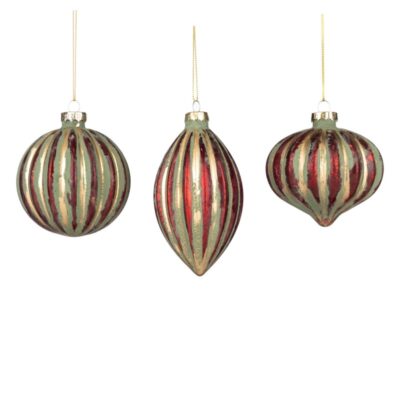 GLSS STRIPE BALL/FIN.ORN ASS/3 GRN/RD/GLD 8CM (P-30528)