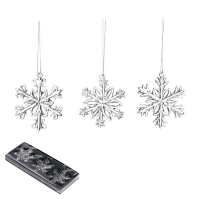 GLSS FLAT ENGR.SNOWFLAKE ORN BOX/3 CLR 7CM (P-30698)