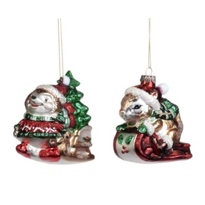 GLSS XMAS CHIPMUNK/HEDGEH.SLEIGH ORN ASS/2 RD 10CM (TR-21143)