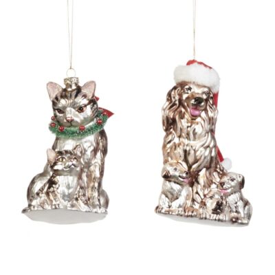 GLSS/FABR.XMAS CAT/DOG FAM.ORN ASS/2 CRM/GRY 15CM (TR-21218)