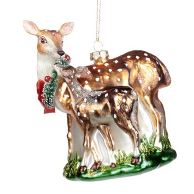 GLSS XMAS DEER FAMILY ORN BRWN/GRN 13CM (TR-21219)