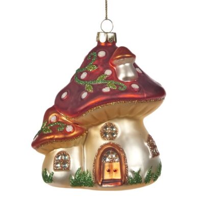GLSS MUSHROOM HOUSES ORN RD/CRM 10.5CM (YA-92445)